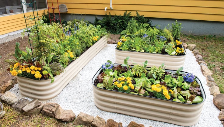 Birdies Self-Watering Metal Raised Beds filled with growing vegetables and flowers on stone patio