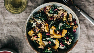 Roasted Delicata Squash, Kale, and Farro Salad w/ Cranberry Dressing