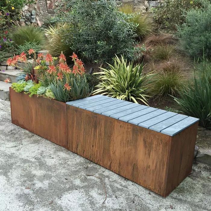 steel planters box Nice Corten Trough Planters with Bench Top | Medium (16"x46"x16")