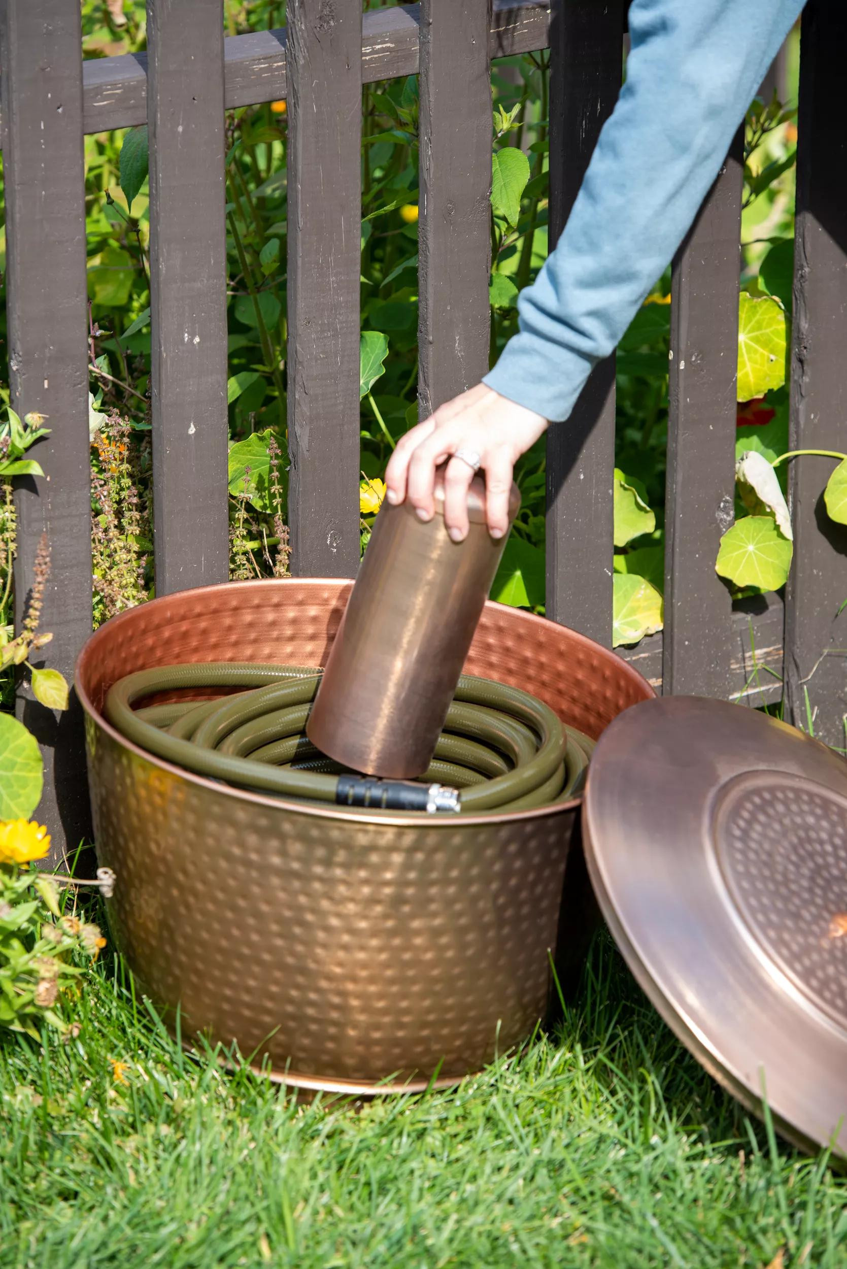 garden hose pot planter Hammered Copper Hose Pot with Lid