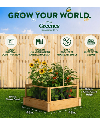 Cedar Raised Bed with CritterGuard Fence, 4' x 4' x 10-1/2"