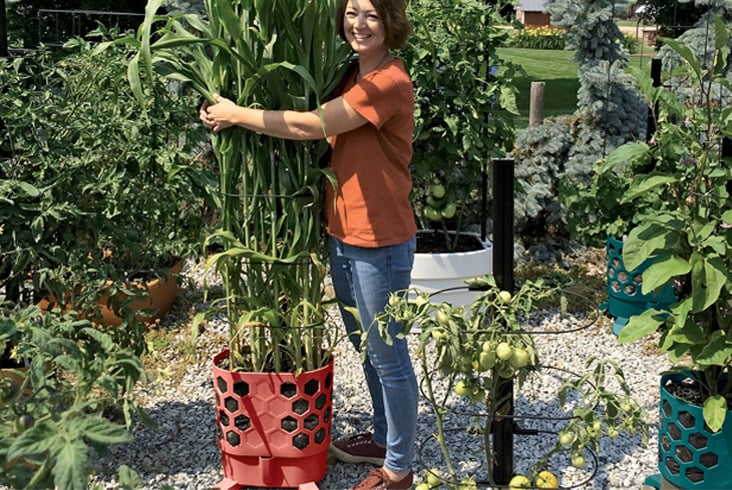 Employee hugging sorghum grown in our revolution planter