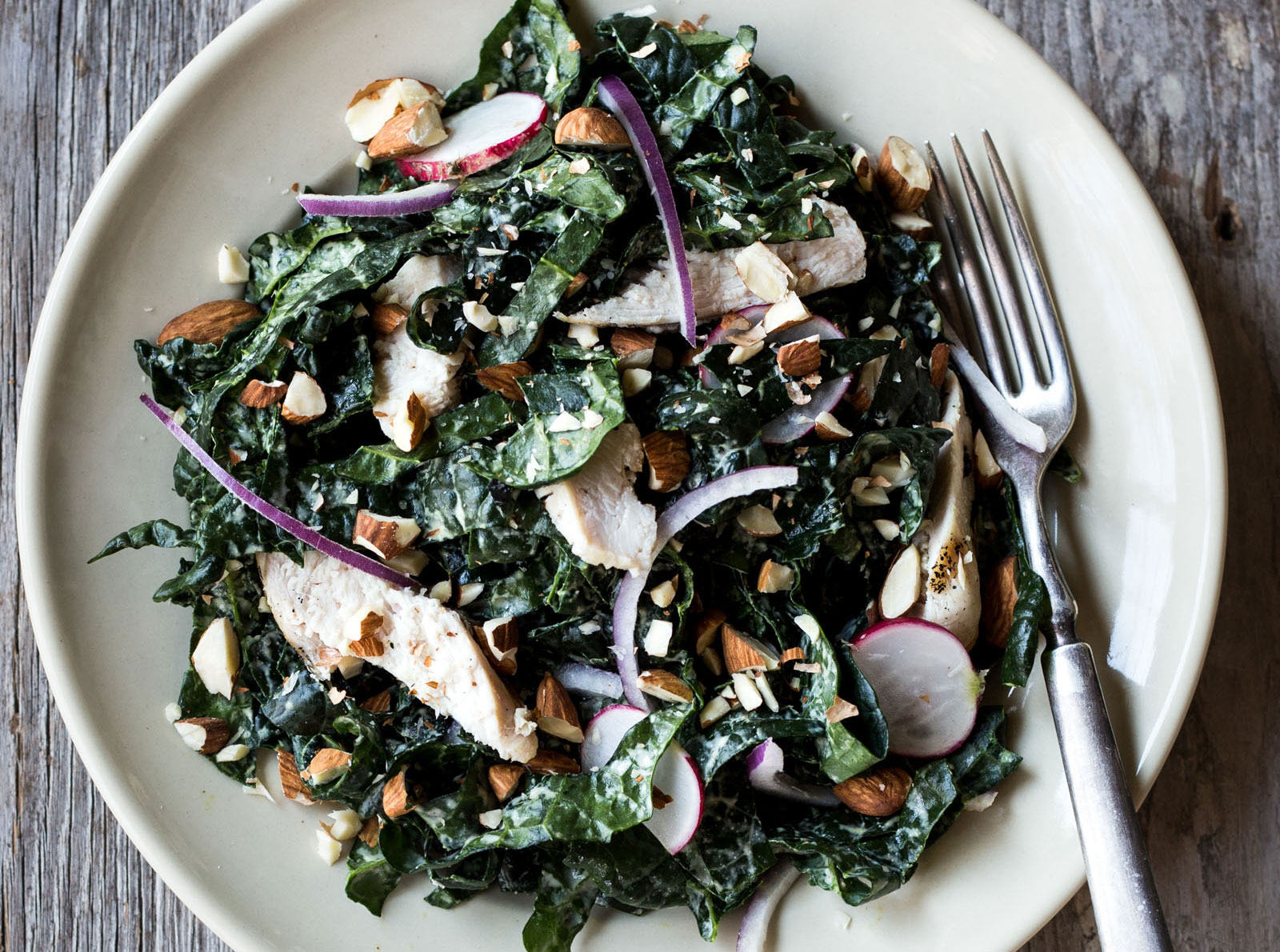 Kale Salad with Grilled Chicken and Dijon Tahini Dressing