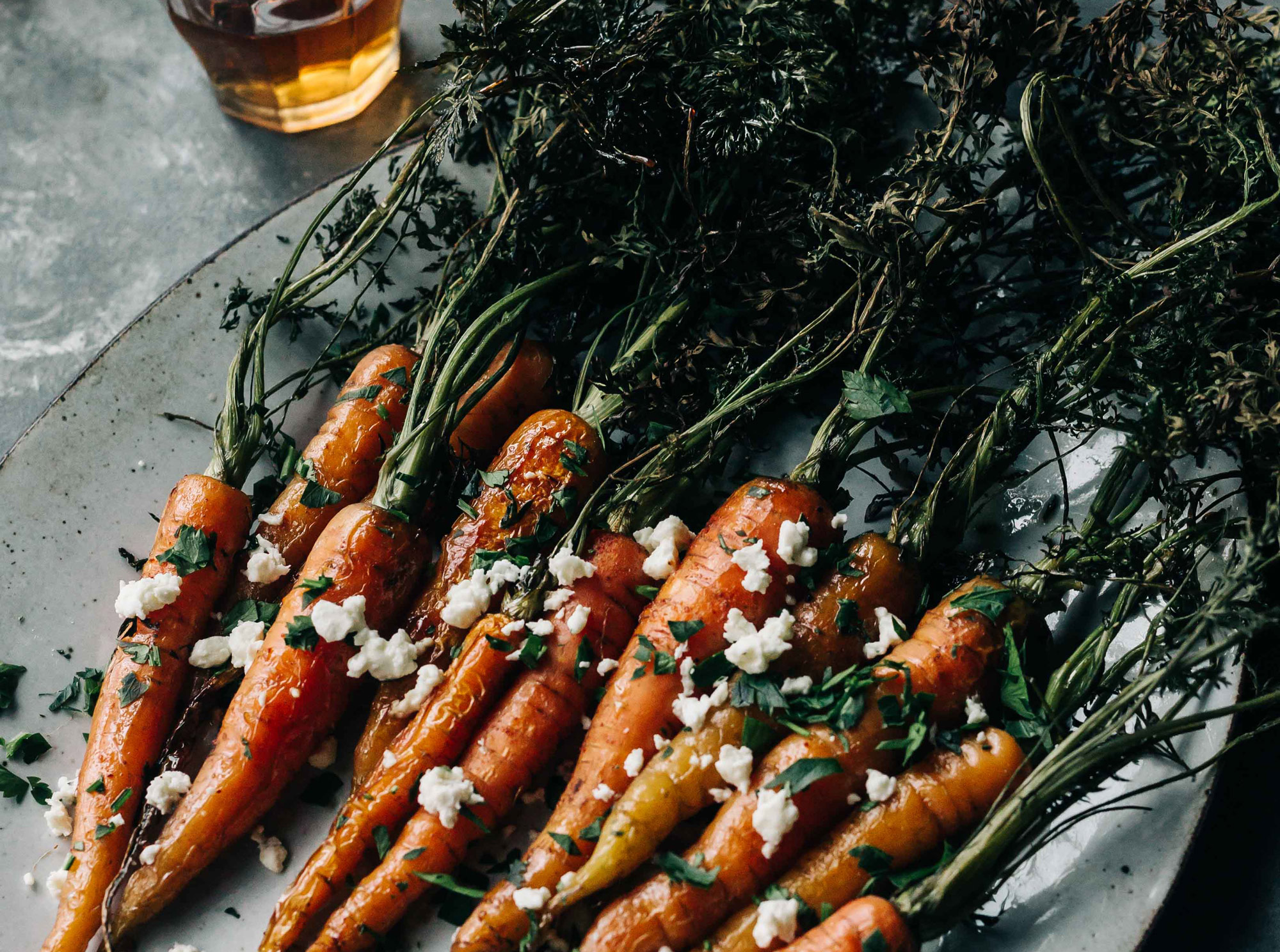 Bourbon and Honey Roasted Carrots with Cayenne and Feta