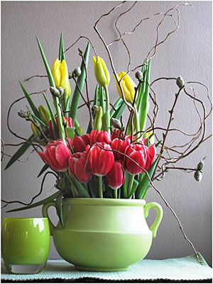 Tulips, willow, and camellia branches