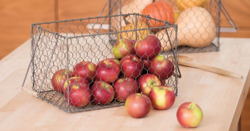 apples in a chicken wire basket on a kitchen counter