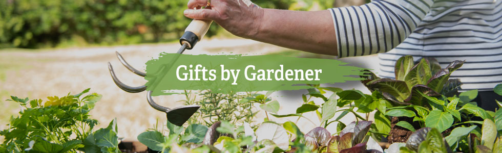 Gardener's Lifetime Raised Bed Cultivator held above leafy green plants in raised bed