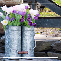 Galvanized Flower Caddy filled with spring blooms on a stone step