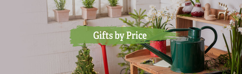 Acacia Potting Bench with holiday gardening decorations around