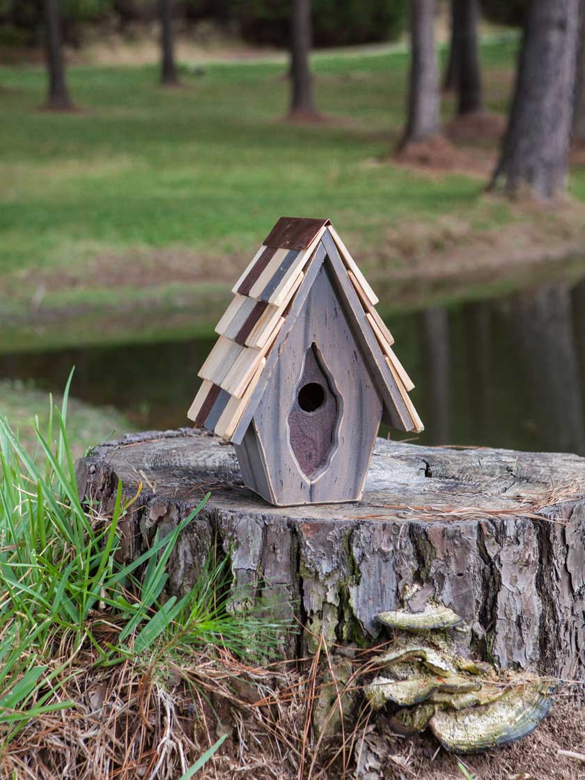 T pot fashioned into a wren birdhouse
